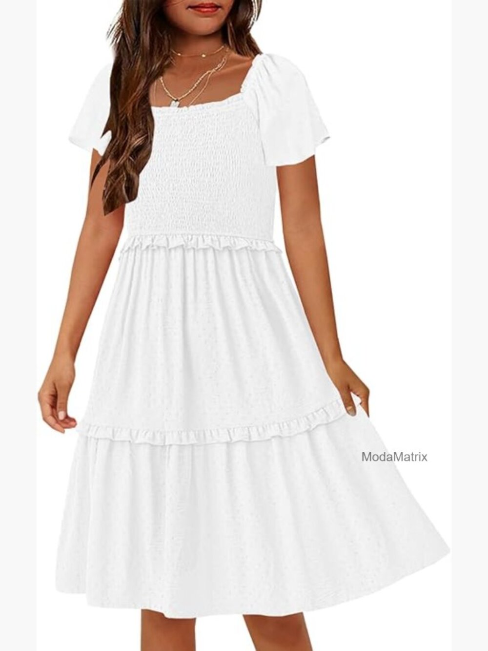 Swiss Dot Smocked Ruffle Tiered Swing Boho Midi Dress with Pockets - Girls 6-12